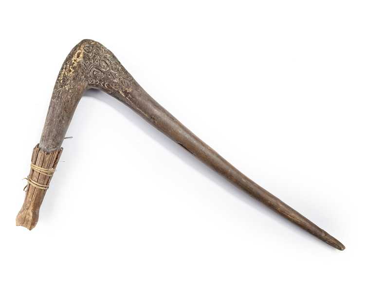 Nicely decorated Asmat sago pounder. Collected by Jac Hoogerbrugge before 1969