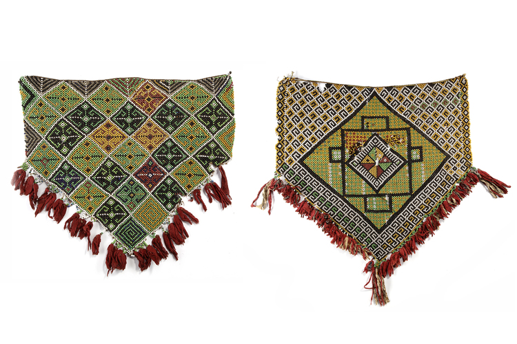 Two beaded Cenderawasi/Geelvink Bay beaded aprons. Collected by Jac Hoogerbrugge in the 1950’s or 1960’s. Small losses.