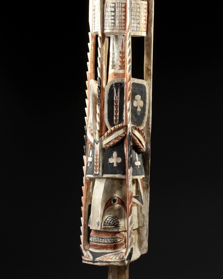 New Ireland Malangan head. Carved by Edward Sale of Lava village, Tatau island. Tabar group. Provenance: New Guinea Primitive Arts Sydney. With old label.