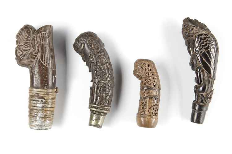 Four betel nut crusher and/or sword or kris handles. Collected by Jac Hoogerbrugge in the 1960’s and 1970’s.