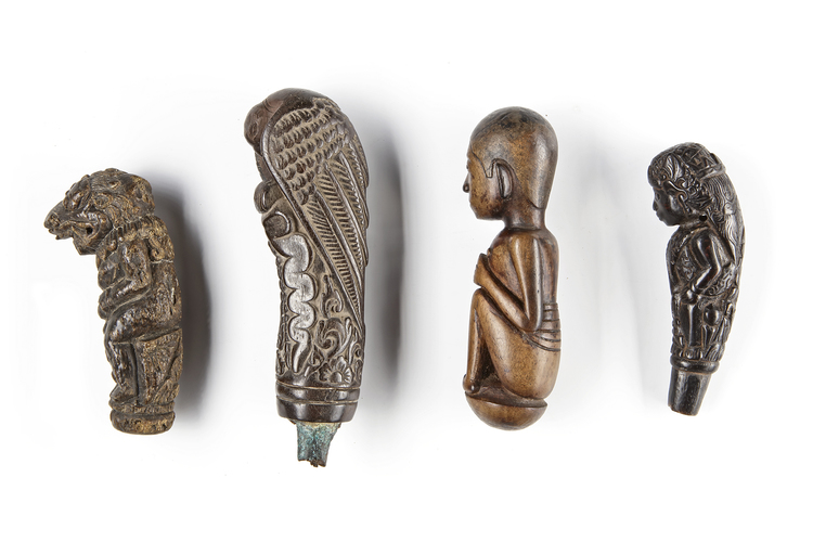 Four betel nut crusher and/or sword or kris handles. Collected by Jac Hoogerbrugge in the 1960’s and 1970’s.