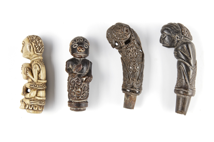 Four betel nut crusher and/or sword or kris handles. Collected by Jac Hoogerbrugge in the 1960’s and 1970’s.