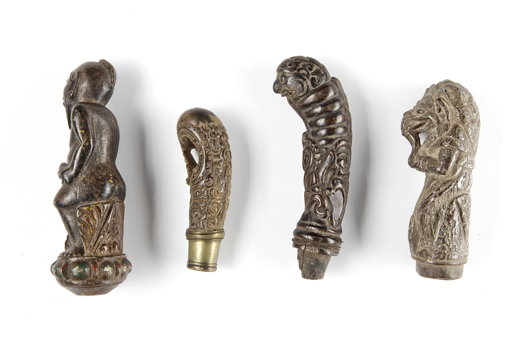 Four betel nut crusher and/or sword or kris handles. Collected by Jac Hoogerbrugge in the 1960’s and 1970’s.