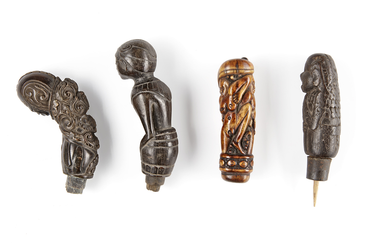 Four betel nut crusher and/or sword or kris handles.Collected by Jac Hoogerbrugge in the 1960’s and 1970’s.