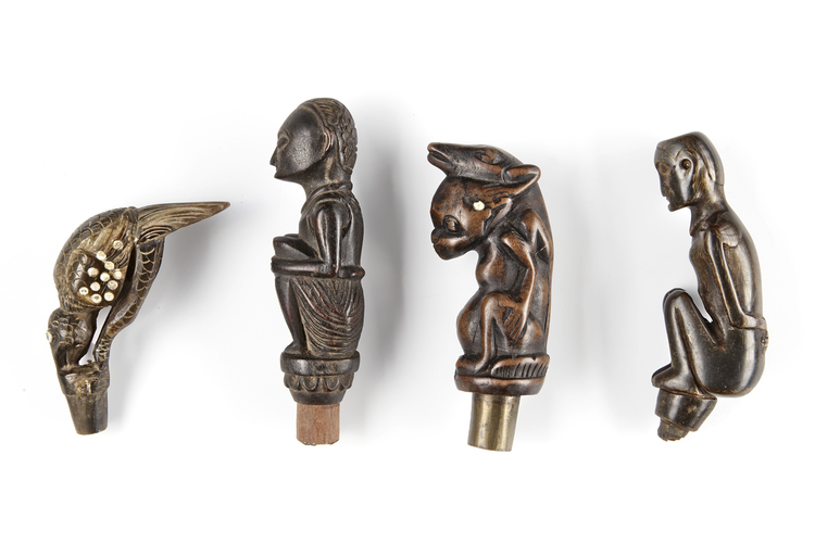 Four betel nut crusher and/or sword or kris handles. Collected by Jac Hoogerbrugge in the 1960’s and 1970’s.