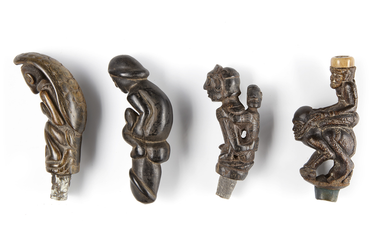 Four betel nut crusher and/or sword or kris handles. Collected by Jac Hoogerbrugge in the 1960’s and 1970’s.