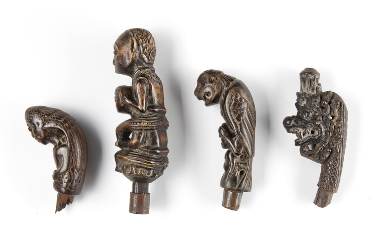 Four betel nut crusher and/or sword or kris handles. Collected by Jac Hoogerbrugge in the 1960’s and 1970’s.