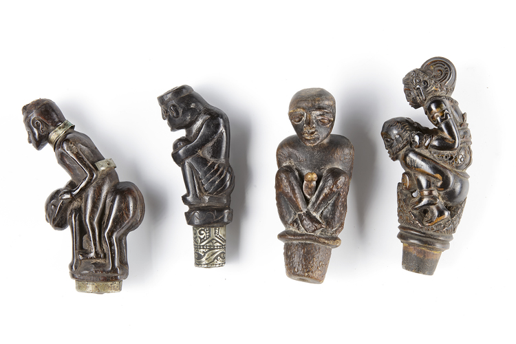 Four betel nut crusher and/or sword or kris handles. Collected by Jac Hoogerbrugge in the 1960’s and 1970’s.
