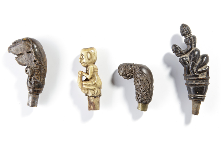 Four betel nut crusher and/or sword or kris handles. Collected by Jac Hoogerbrugge in the 1960’s and 1970’s.
