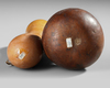 Two old and well used gourd lime containers with lick sticks/spatulas. Collected by Jac Hoogerbrugge in the 1950’s.