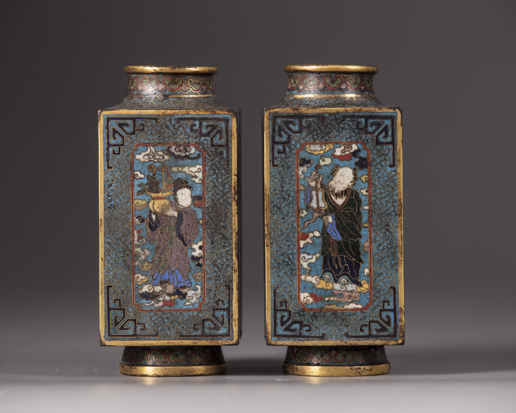 A pair of Chinese cloisonné enamel 'Eight Immortals' cong-form vases