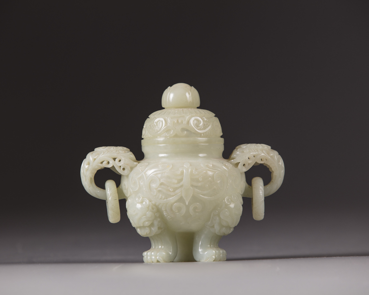 A Chinese pale celadon jade tripod censer and cover
