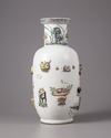 A Chinese famille rose moulded and appliqué 'precious objects' rouleau vase