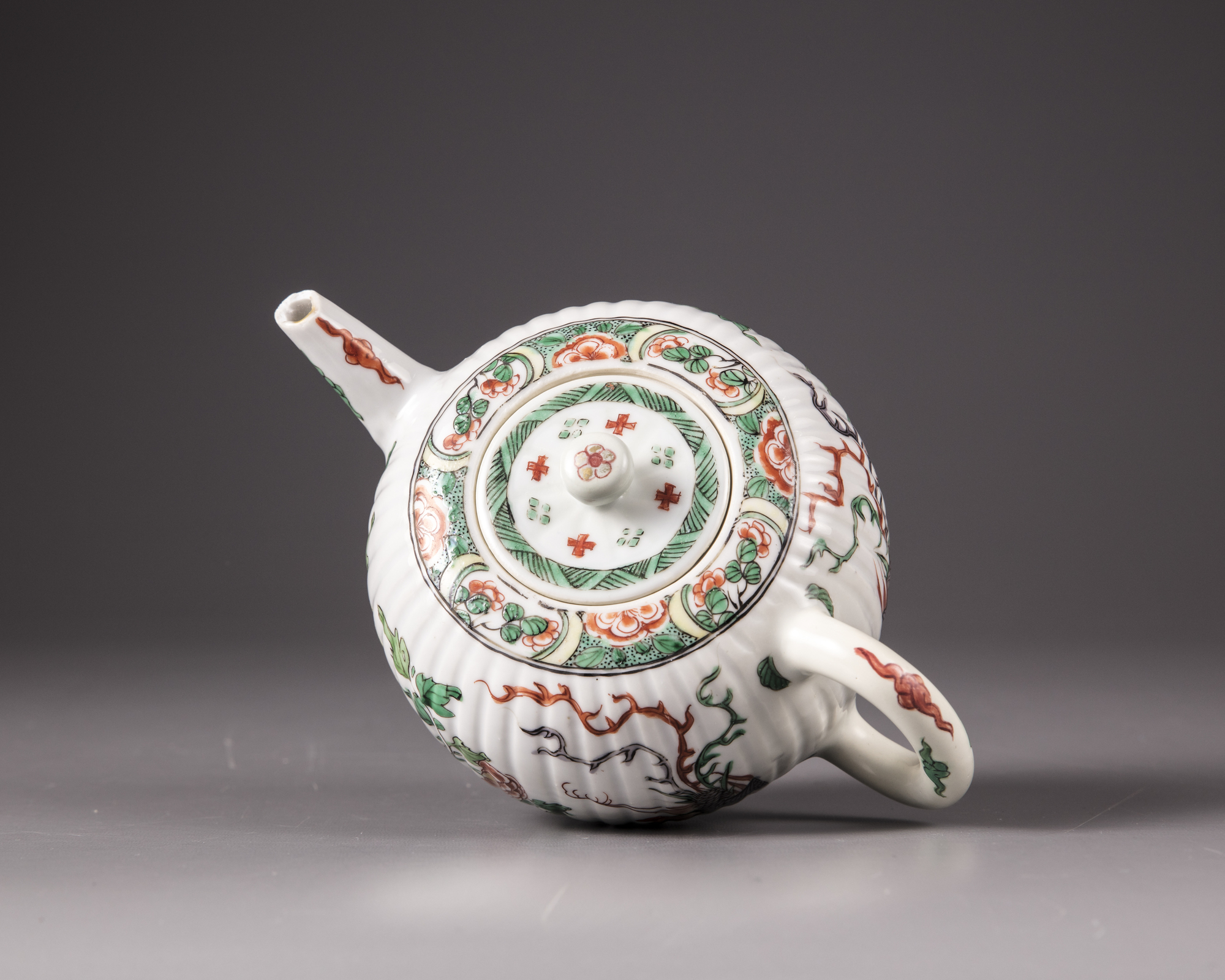 A Chinese famille verte moulded teapot and cover