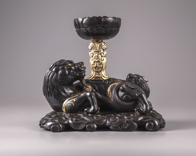 A Chinese zitan and gilt 'twin-qilin' joss-stick holder