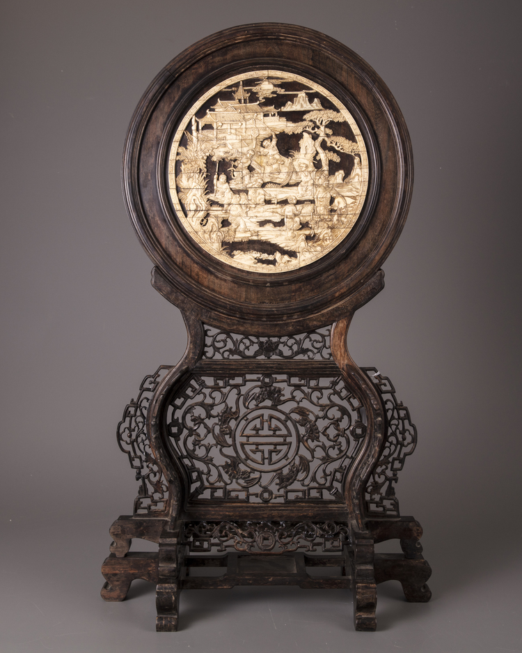 A CHINESE BONE-INLAID HARDWOOD TABLE SCREEN