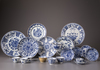 A group of 19 Chinese blue and white cups, saucers and a bowl