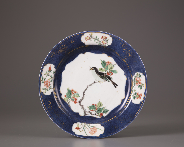 A Chinese powder-blue decorated famille verte dish