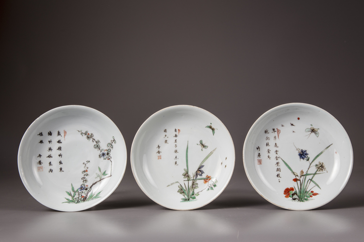 A group of three Chinese famille verte 'flower and poem' dishes