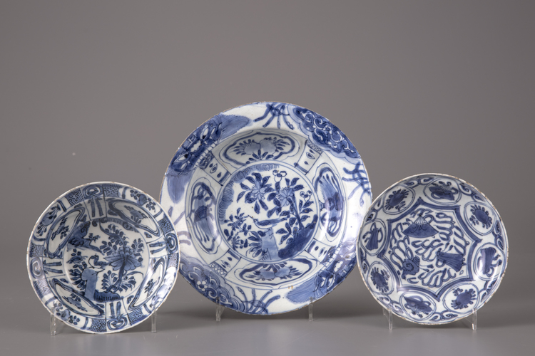 Two Chinese 'Kraak porselein' blue and white bowls and a dish