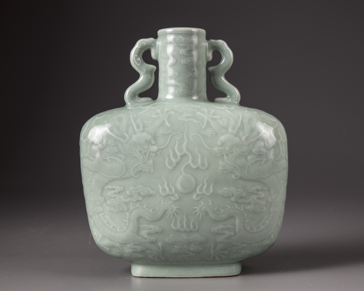 A Chinese celadon-glazed 'dragons' moonflask