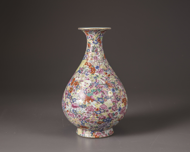 A Chinese famille rose millefleurs pear-shaped vase, yuhuchunping