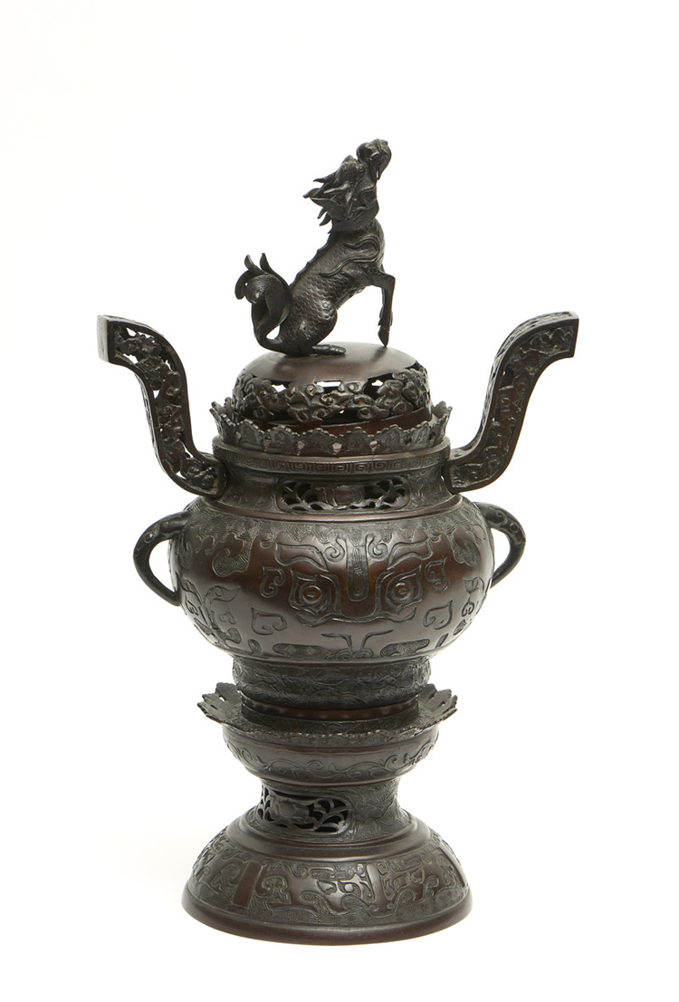 Large round three piece Chinese style bronze incense burner (koro)