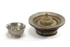 A MONGOLIAN SECOND-GRADE SILVER TEA BOWL AND PARCEL GILT SILVER COVER AND A WHITE METAL-MOUNTED WOODEN STEM DISH, 19TH CENTURY