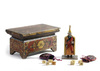 A MONGOLIAN LACQUERED WOOD OFFERING TABEL, A POLYCHROME-DECORATED WOOD FIGURE OF A LAMA AND TWO EMBROIDERED BAGS, 19TH-20TH CENTURY