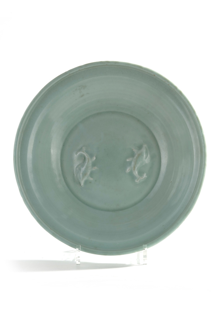 A Chinese moulded Longquan celadon 'twin fish' dish