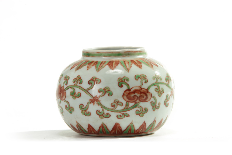 A Chinese iron-red and enamelled 'lingzhi' waterpot