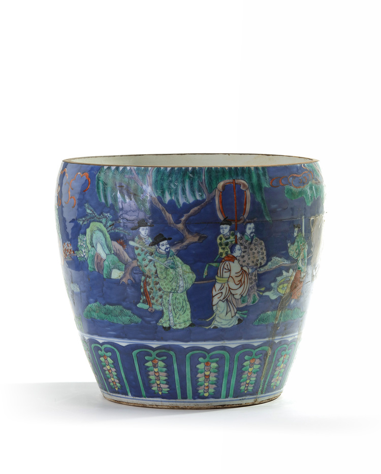 A Chinese blue-ground doucai vase