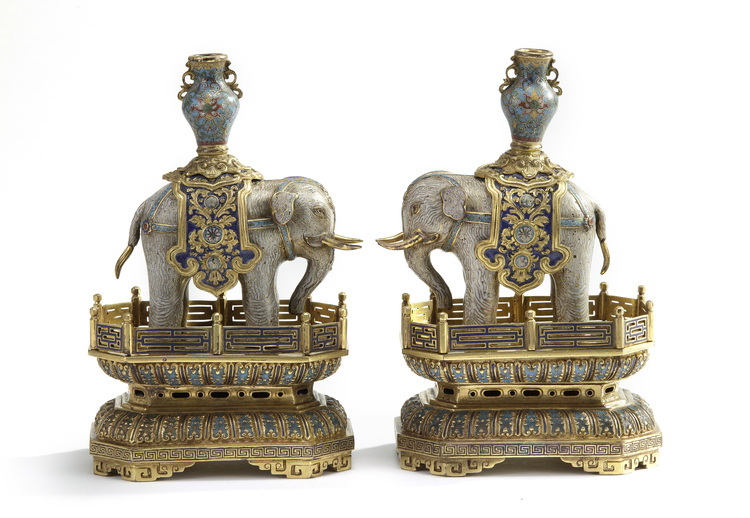 A pair of Chinese champlevé and cloisonne enamel elephant-form censers