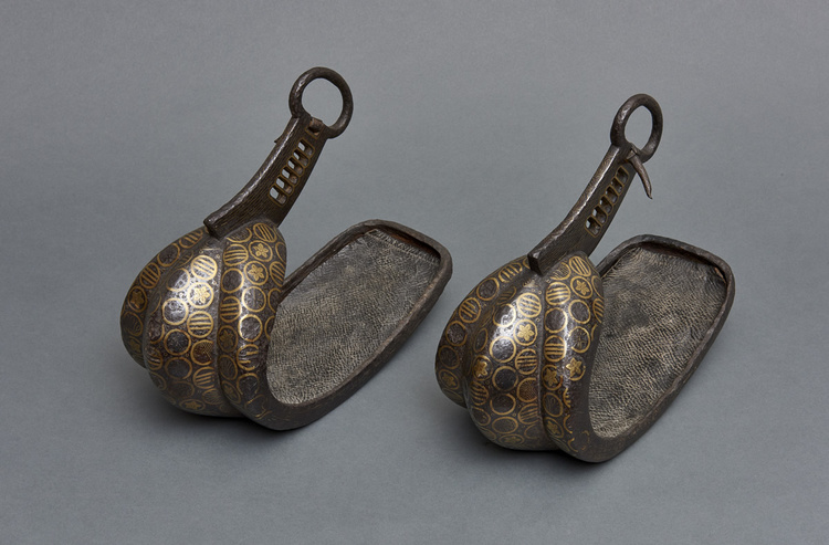 A set of two black iron Japanese stirrups (abumi)