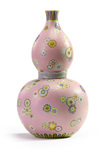 A Chinese pink-ground sgraffiato flower roundel double gourd 'trompe l'oeil' vase