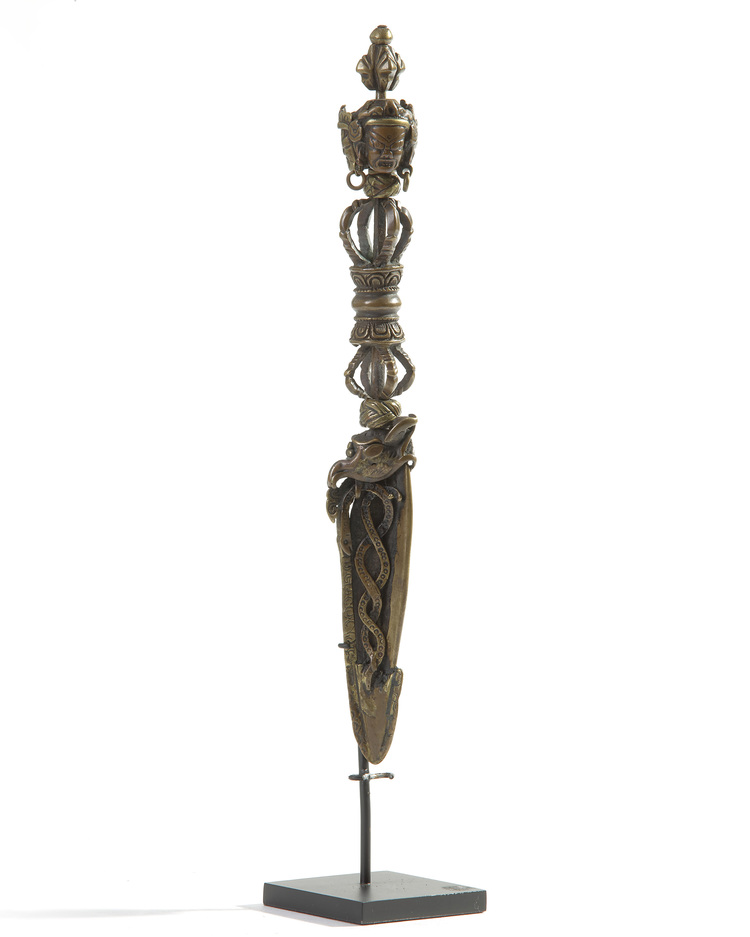 A Mongolian copper and bronze ritual dagger, phurbu