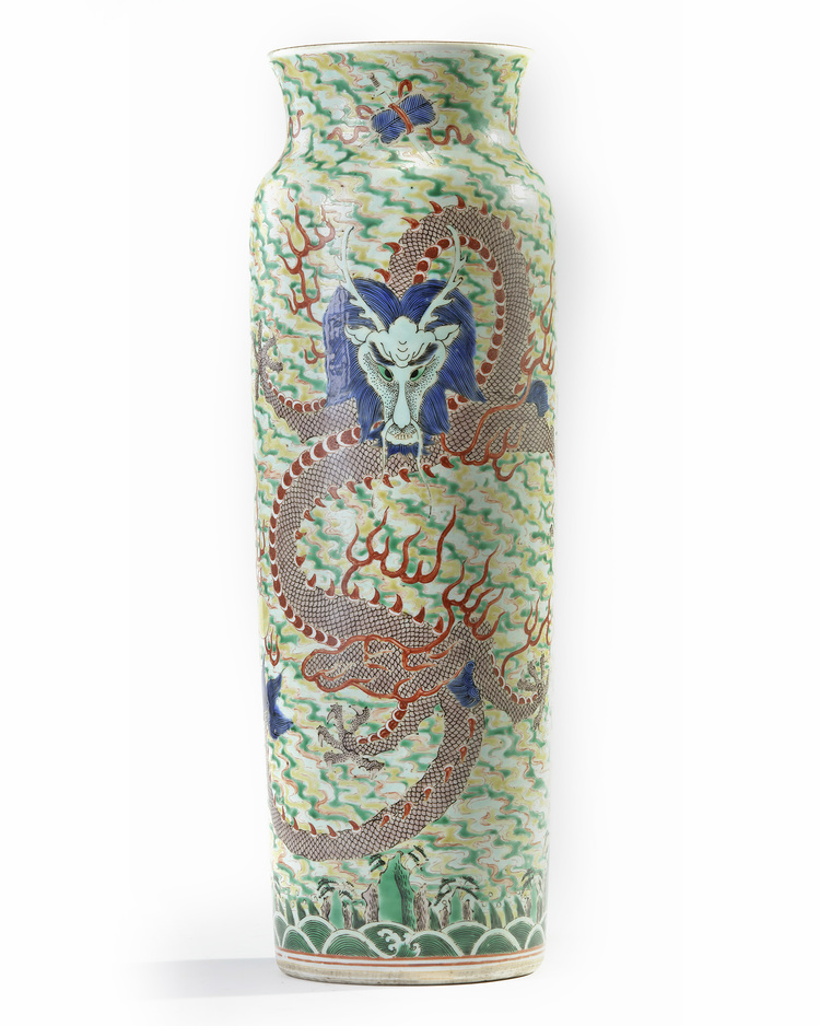 A Chinese famille verte 'dragons' sleeve vase