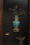 A Chinese precious objects-inlaid black lacquer carved wood six-fold screen