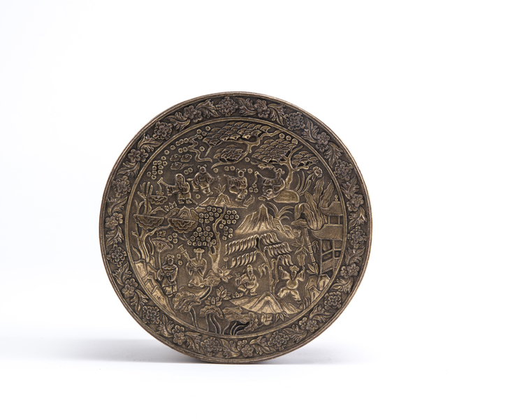 A Chinese bronze 'Immortals' round box and cover