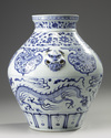 A Chinese blue and white Yuan-style 'dragon and phoenix' jar
