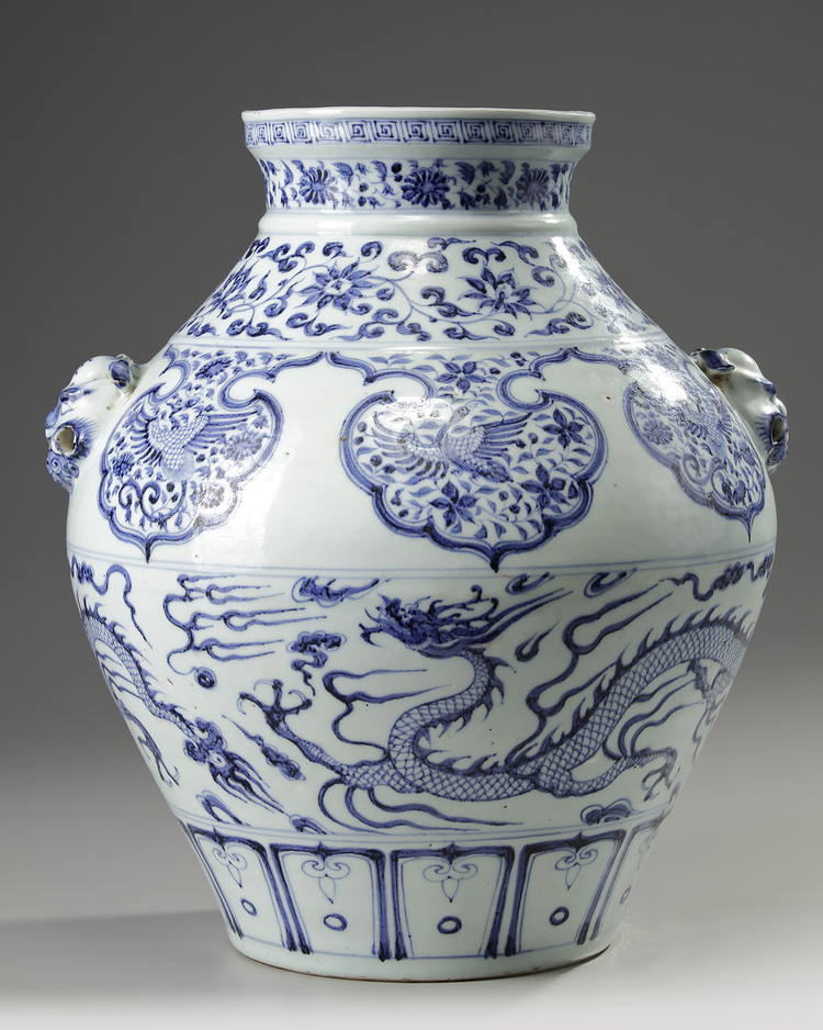 A Chinese blue and white Yuan-style 'dragon and phoenix' jar
