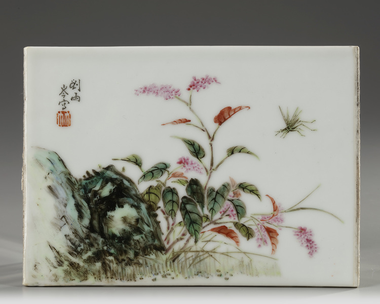 A Chinese famille rose 'grasshopper and flowers' plaque